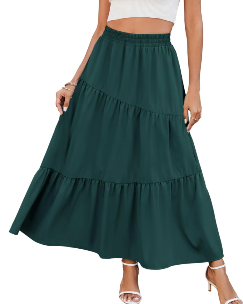 Natalie Jupe Maxi Femme – Jupe Longue Évasée avec Taille Haute Élastique, Volants & Poches