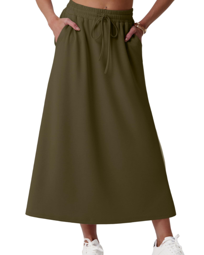 Elena Jupe Maxi Damen – Weit ausgestellter langer Rock mit elastischem Bund, Kordelzug und Taschen