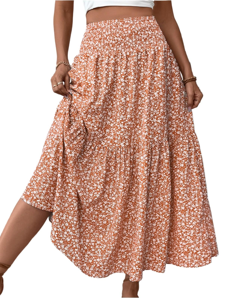 Saia Maxi Lily Jupe Feminina – Saia Longa Floral com Cintura Alta Elástica e Bolsos
