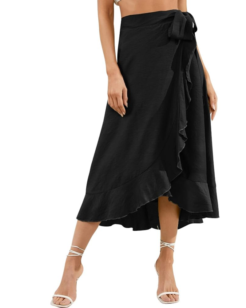 Olivia Jupe Portefeuille Femme – Jupe Midi Évasée avec Ceinture Ajustable & Ourlet Volanté