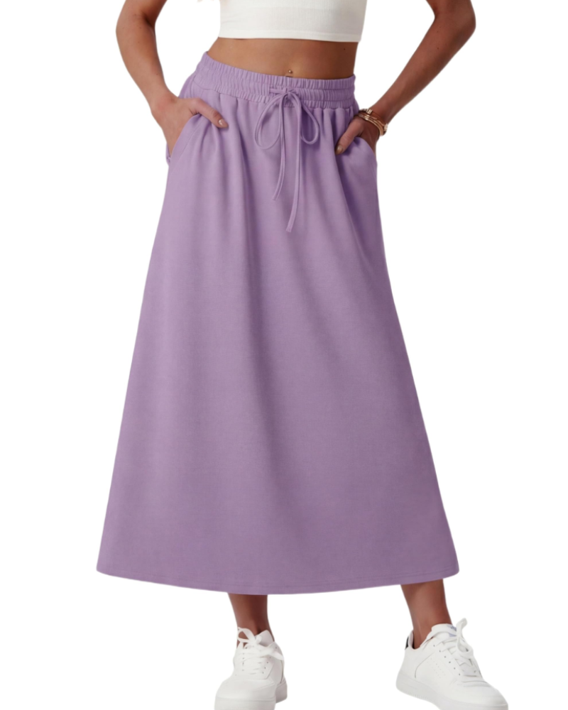 Elena Jupe Maxi Damen – Weit ausgestellter langer Rock mit elastischem Bund, Kordelzug und Taschen