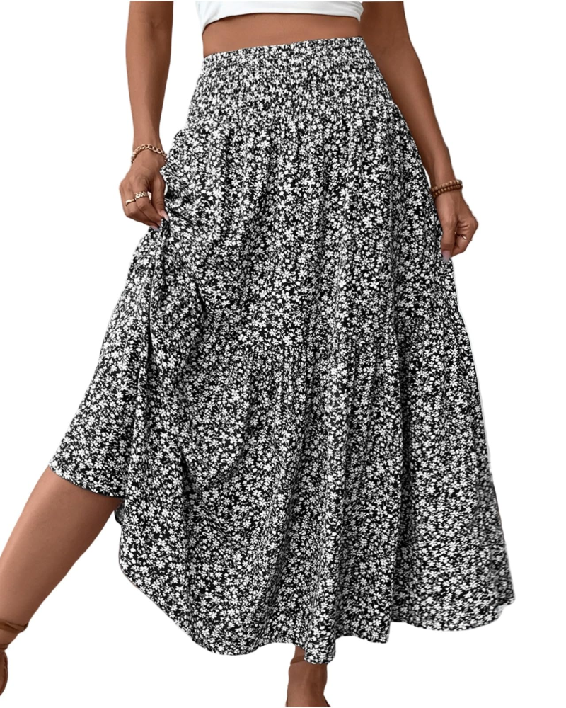 Saia Maxi Lily Jupe Feminina – Saia Longa Floral com Cintura Alta Elástica e Bolsos