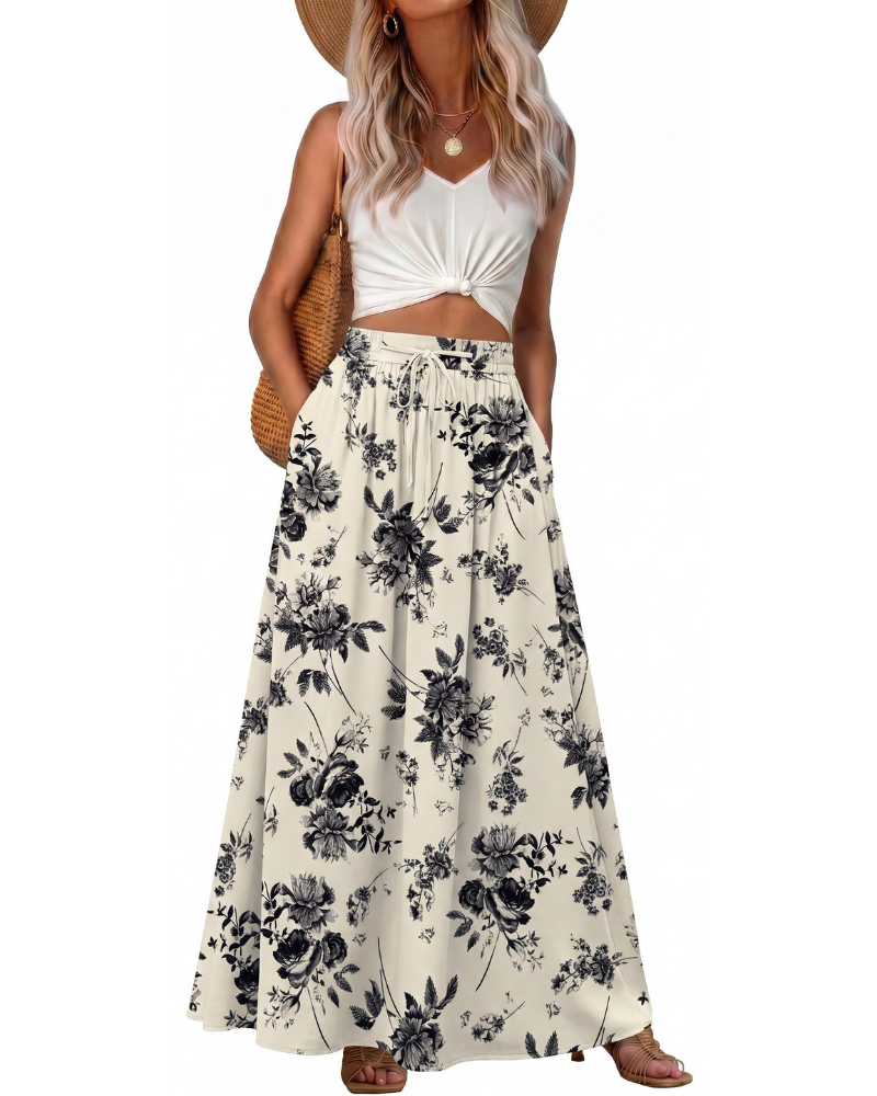 Hannah Jupe Maxi Femme – Jupe Longue Bohème Imprimée avec Taille Élastique, Cordon & Poches