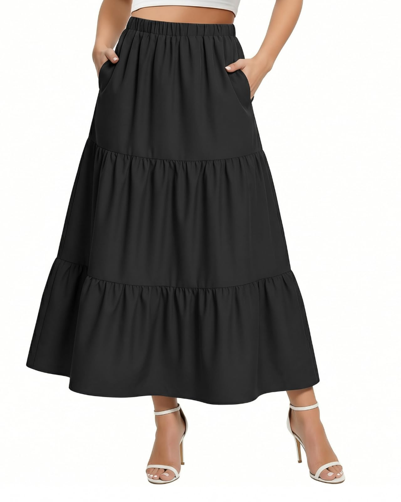 Ariana Jupe Midi Femme – Jupe Évasée Taille Haute avec Volants Superposés & Poches