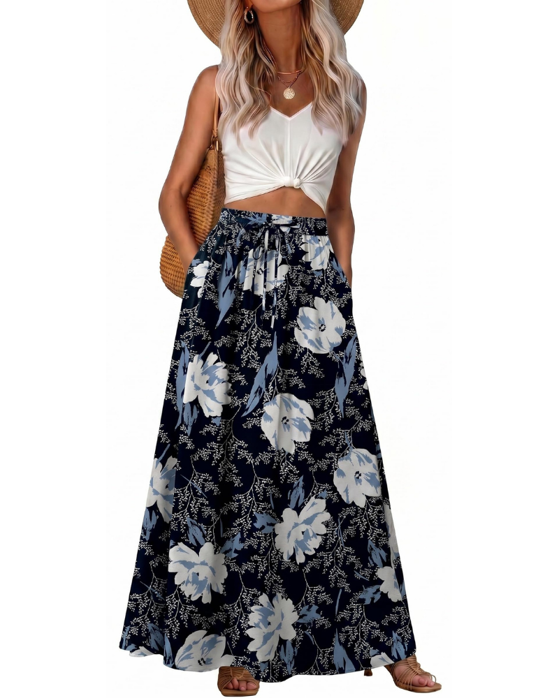 Hannah Jupe Maxi Femme – Jupe Longue Bohème Imprimée avec Taille Élastique, Cordon & Poches