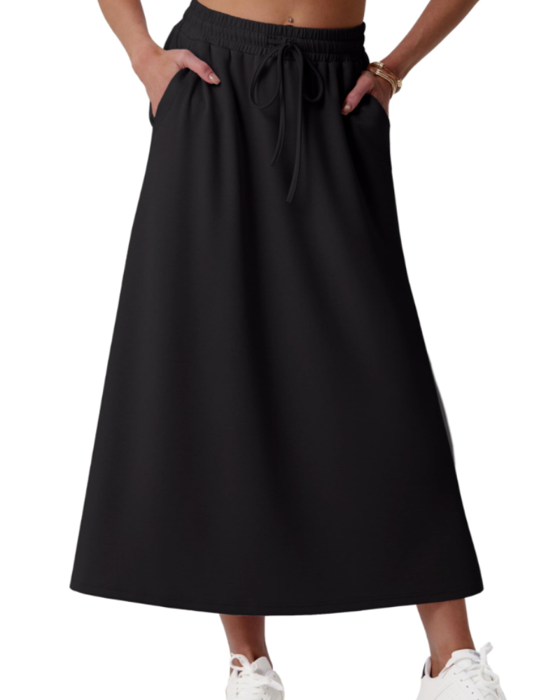Elena Jupe Maxi Damen – Weit ausgestellter langer Rock mit elastischem Bund, Kordelzug und Taschen