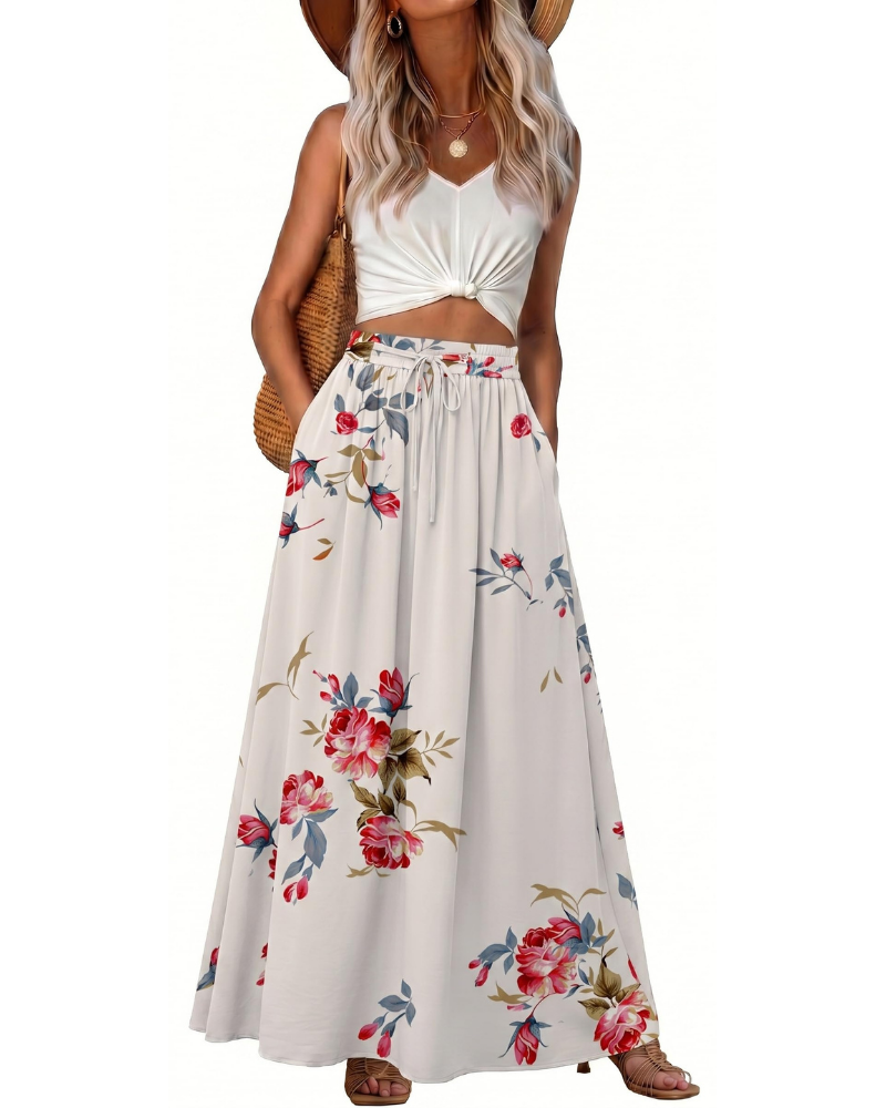 Hannah Jupe Maxi Femme – Jupe Longue Bohème Imprimée avec Taille Élastique, Cordon & Poches