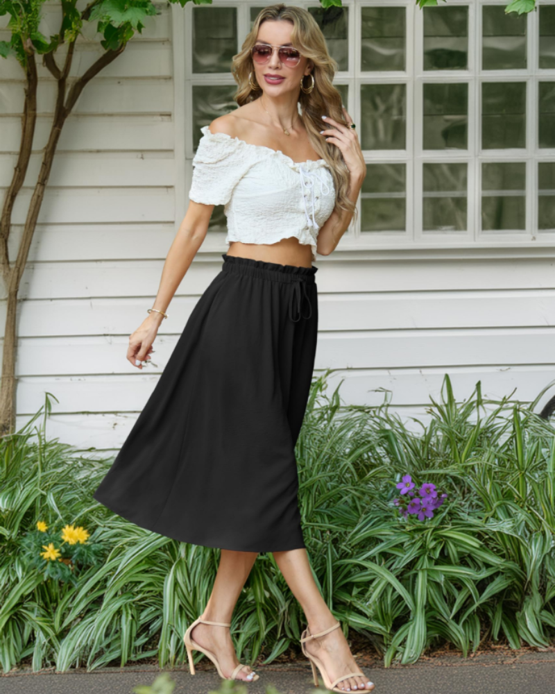 Jelena Jupe Midi Damen – Ausgestellter Rock mit Leinenoptik, elastischem Bund und verstellbarem Kordelzug