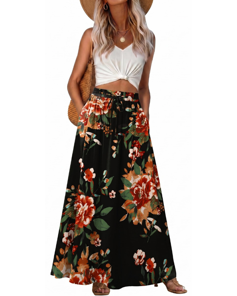 Hannah Jupe Maxi Femme – Jupe Longue Bohème Imprimée avec Taille Élastique, Cordon & Poches