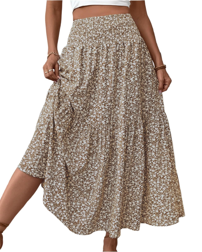 Saia Maxi Lily Jupe Feminina – Saia Longa Floral com Cintura Alta Elástica e Bolsos