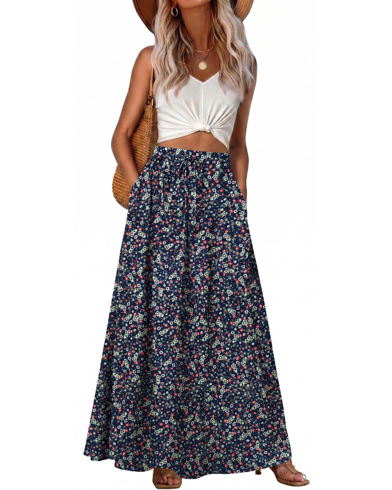 Hannah Jupe Maxi Femme – Jupe Longue Bohème Imprimée avec Taille Élastique, Cordon & Poches