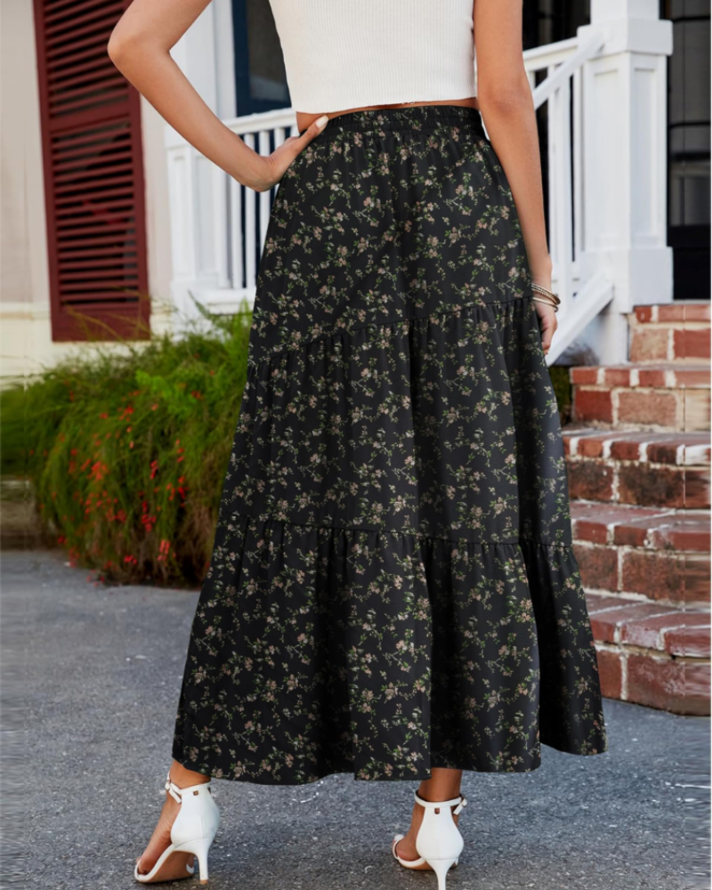 Natalie Jupe Maxi Femme – Jupe Longue Évasée avec Taille Haute Élastique, Volants & Poches
