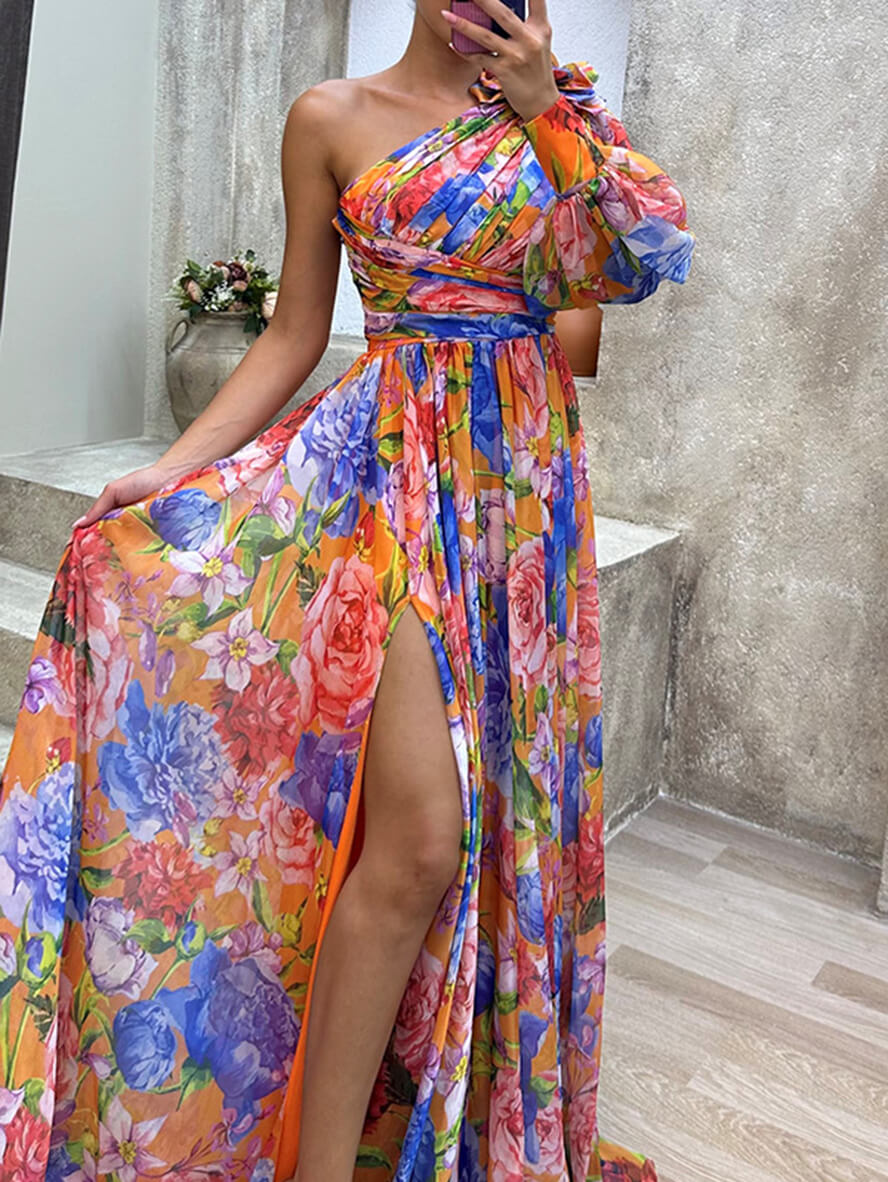 Rossana Robe Maxi Femme – Květinové šaty s jedním ramenem, volány a elegantním rozparkem
