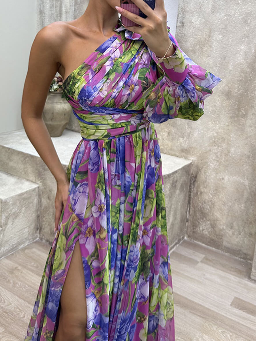 Rossana Robe Maxi Femme – Květinové šaty s jedním ramenem, volány a elegantním rozparkem