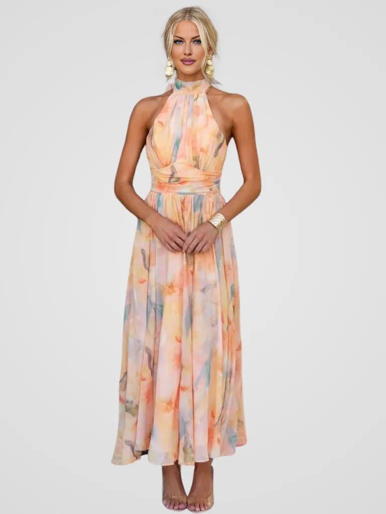 Amarah Nyári Ruha Női – Muszlin Halter Nyakú Barackmintás Ruha, Laza és Elegáns