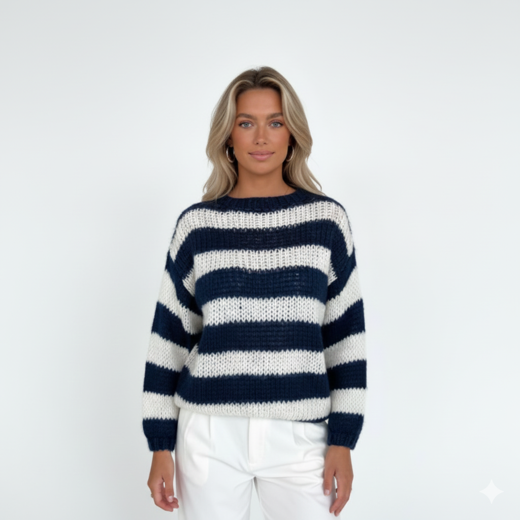 Tes sweter w paski oversize damski – miękki dzianinowy z luźnym krojem, okrągłym dekoltem i wygodnym stylem