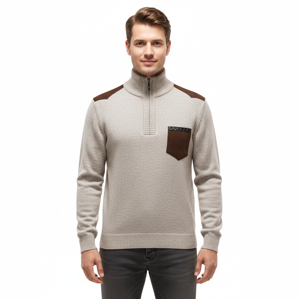 Tristan Herre Uldtrøje med Halv Lynlås – Elegant Pullover med Brystlomme & Komfortabel Pasform