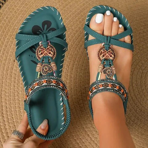 Lainey Sandały Damskie – Eleganckie Sandały Boho na Płaskiej Podeszwie z Naturalnym Etnicznym Wyglądem