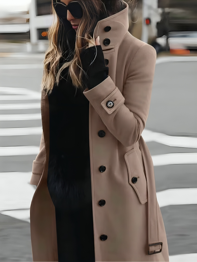 Mhel Trenchcoat Femme – Manteau Élégant avec Col Haut & Ceinture Taille Flatteuse