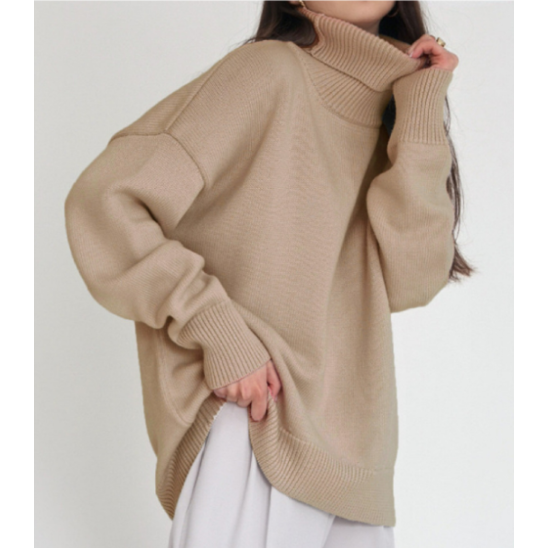 Dámský svetr Camille s rolákem Oversize – Teplý svetr z vlněné směsi s žebrovanými detaily