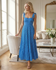Évarine Women's Midi Dress – Smocked Floral Dress with Tied Straps and a Ruffled Skirt
