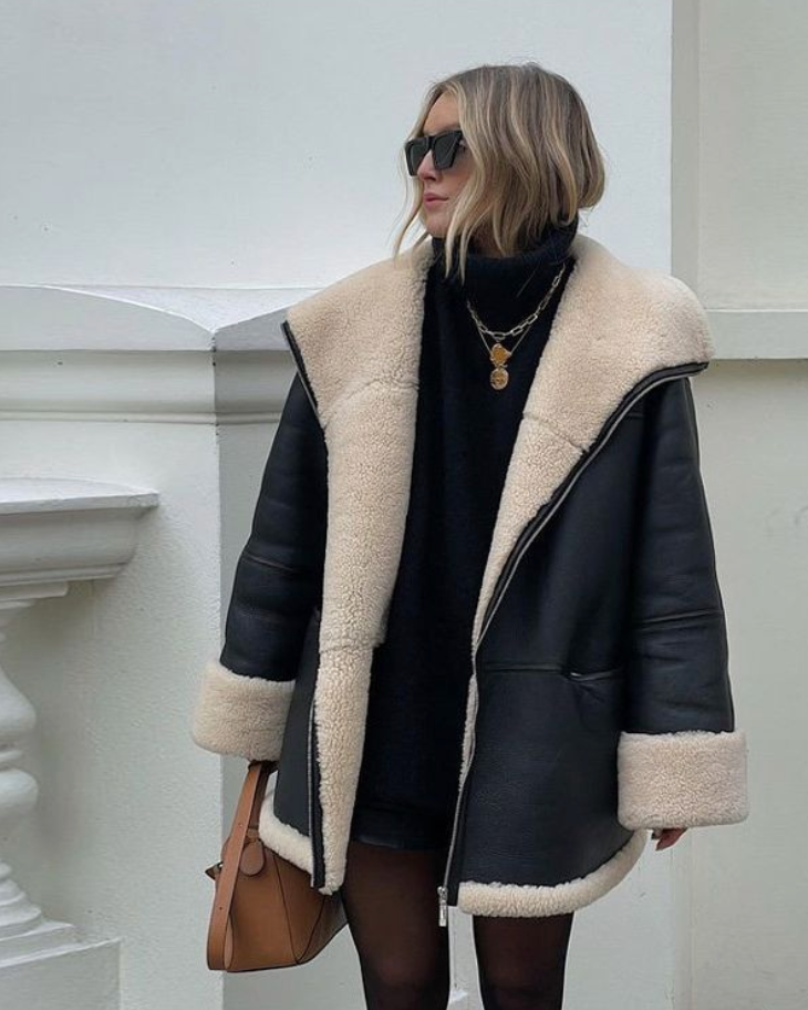 Iris Manteau d’Hiver Femme en Simili-Cuir – Coupe Oversize avec Doublure Teddy & Col Shearling