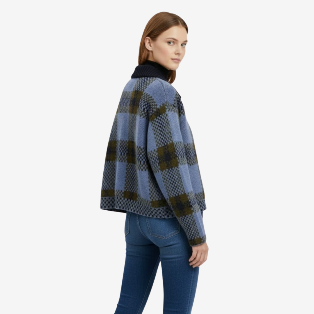 Brisa Damen Strickjacke mit Karomuster – Reverskragen, Reißverschluss & Herbststil