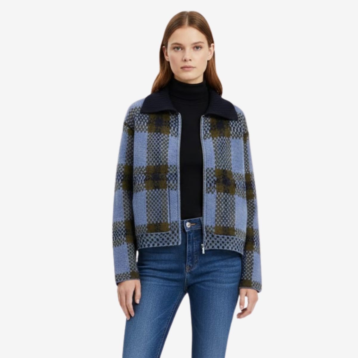 Brisa Damen Strickjacke mit Karomuster – Reverskragen, Reißverschluss & Herbststil