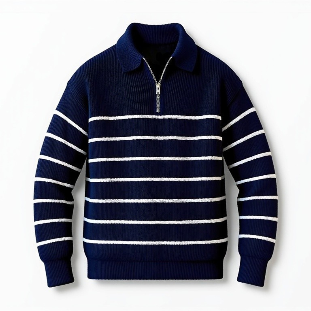 Marc ανδρικό ριγέ πουλόβερ με μισό φερμουάρ – navy casual chic πλέξη για όλες τις εποχές