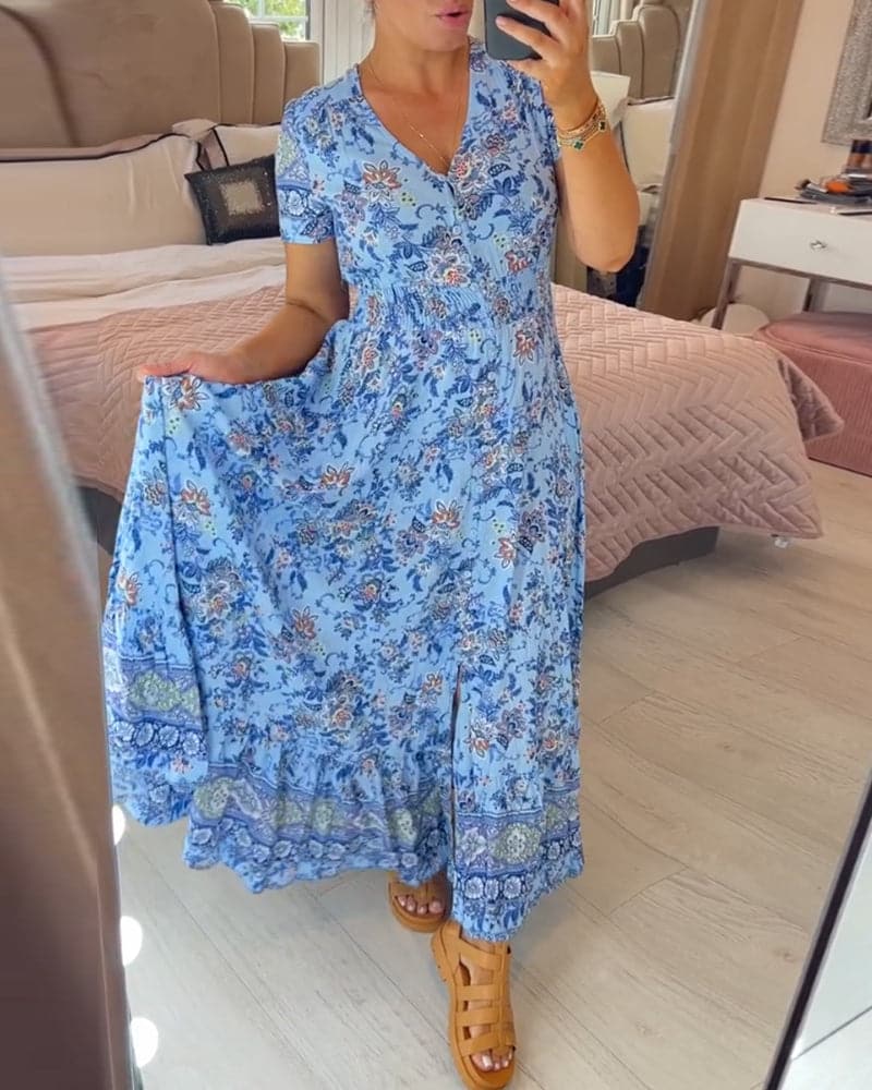 Vernelie Maxi Φόρεμα Γυναικείο – Φλοράλ Φόρεμα με Κουμπιά, Ροή & Ρομαντικό Στυλ