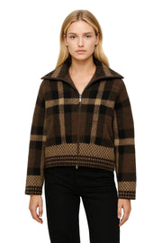 Barbie Women's Short Jacket – Structured Checkered Pattern, Zipper Closure & Mid-Season Style