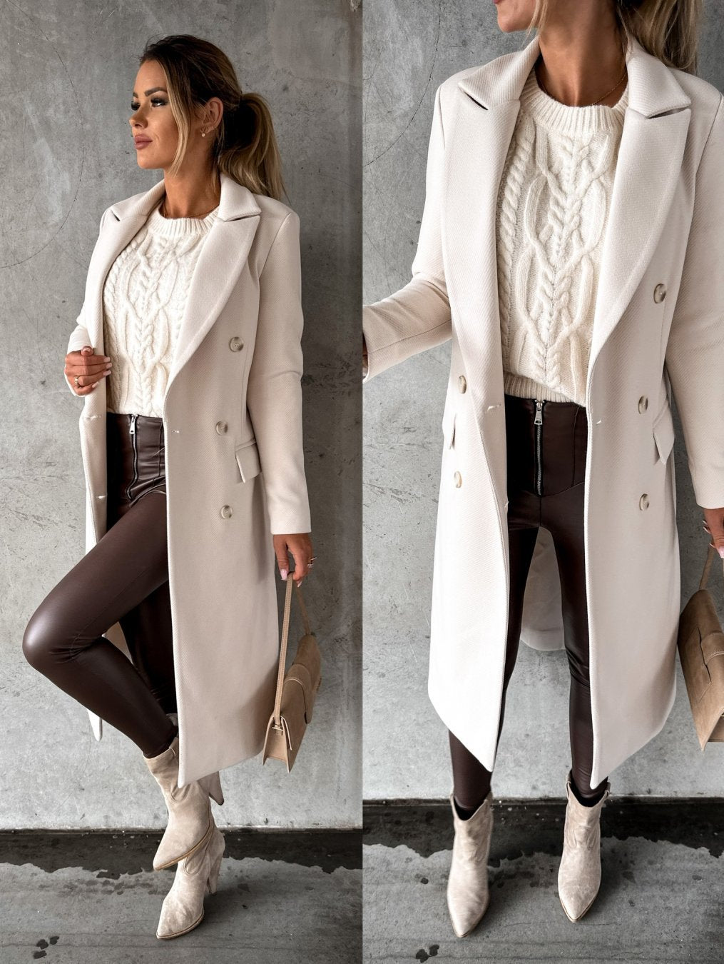 Georgia Manteau Long en Laine Mélangée pour Femme – Elegancki design z klapami notch w klasycznych zimowych kolorach