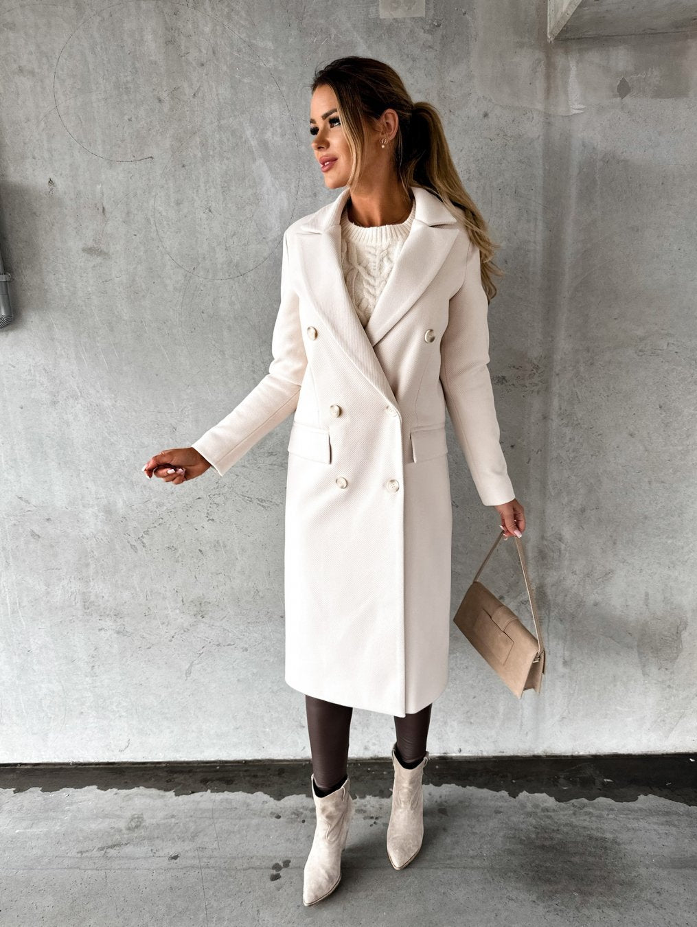 Georgia Manteau Long en Laine Mélangée pour Femme – Elegancki design z klapami notch w klasycznych zimowych kolorach
