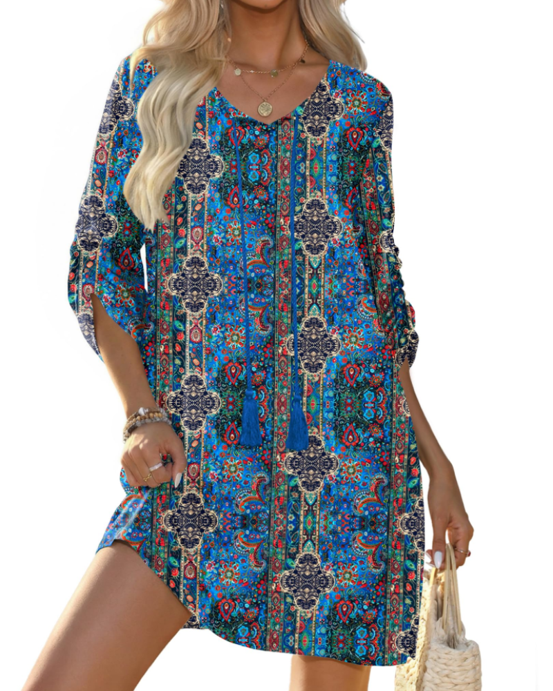 Eleanor Robe Tunique Bohème Femme – Robe Col V en Viscose à Manches 3/4 Imprimée