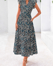 Olivia Robe Femme Midi Fleurie – Col V Bohème à Volants avec Poches