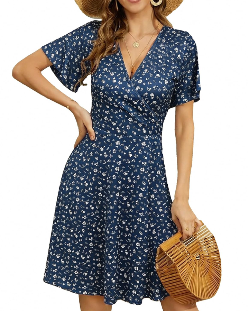 Vestido Marissa para mujer – Vestido midi floral con escote en V y mangas con volantes