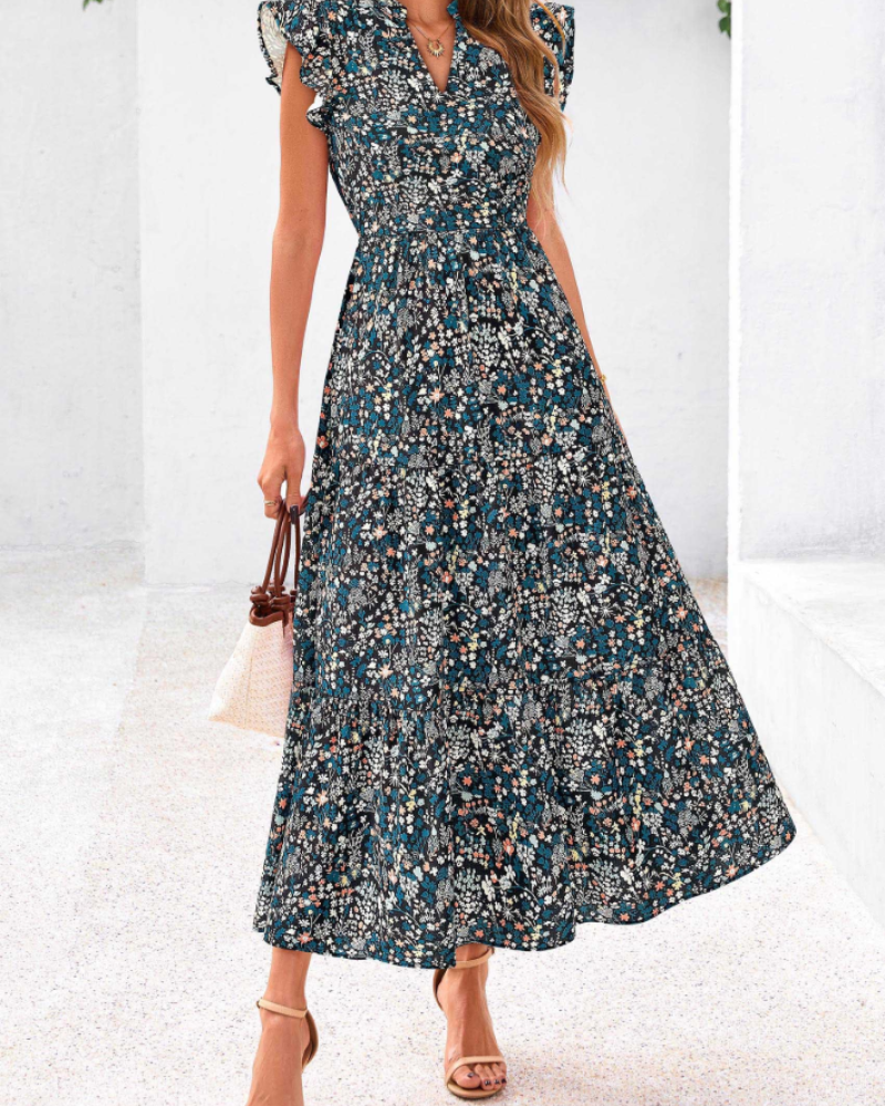 Olivia Robe Femme Midi Fleurie – Col V Bohème à Volants avec Poches