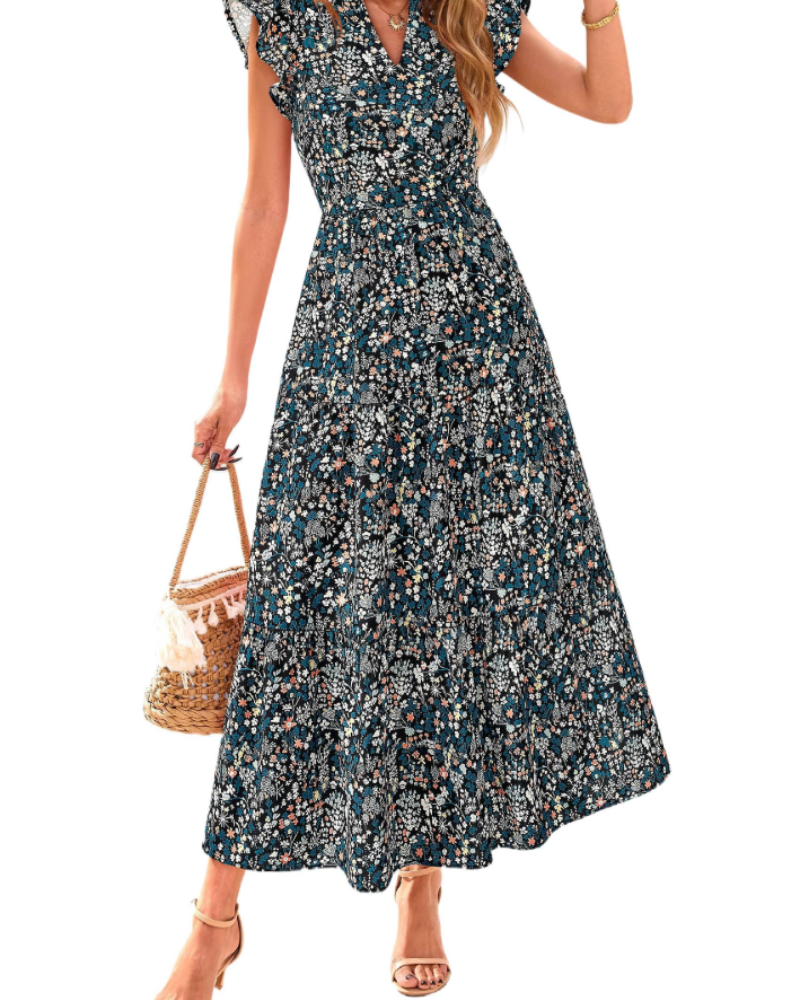 Olivia Robe Femme Midi Fleurie – Col V Bohème à Volants avec Poches