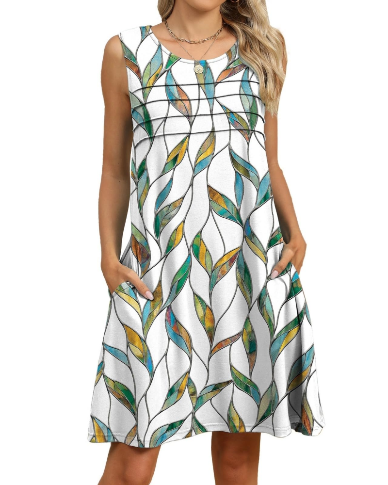 Penelope Robe Fleurie Midi Femme – Robe d'Été Sans Manches Coupe Évasée avec Poches