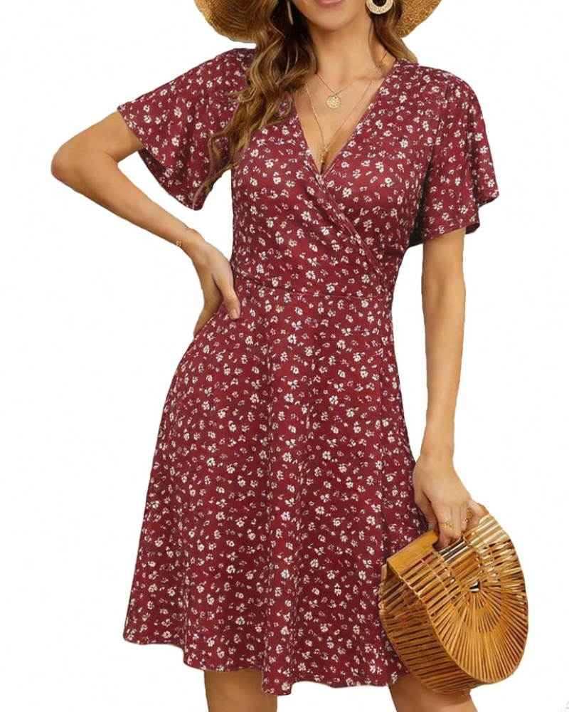 Vestido Marissa para mujer – Vestido midi floral con escote en V y mangas con volantes