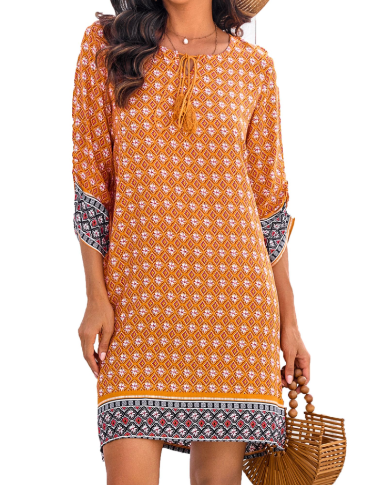Eleanor Robe Tunique Bohème Femme – Robe Col V en Viscose à Manches 3/4 Imprimée