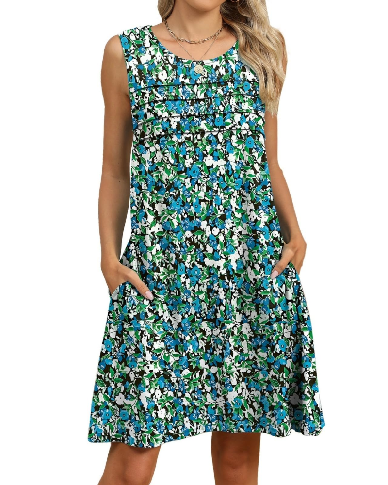 Penelope Robe Fleurie Midi Femme – Robe d'Été Sans Manches Coupe Évasée avec Poches