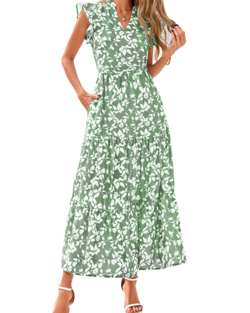 Olivia Robe Femme Midi Fleurie – Col V Bohème à Volants avec Poches