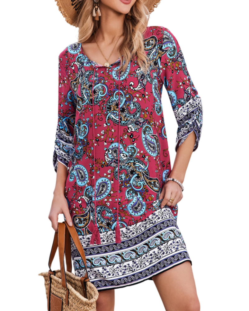 Eleanor Robe Tunique Bohème Femme – Robe Col V en Viscose à Manches 3/4 Imprimée