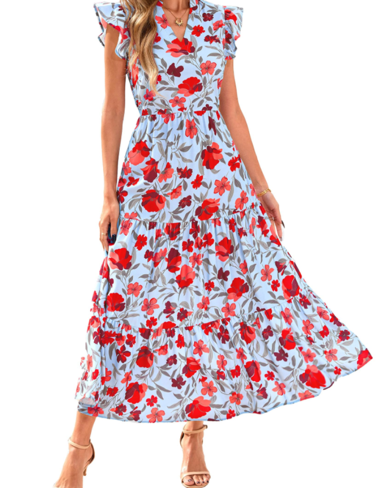 Olivia Robe Femme Midi Fleurie – Col V Bohème à Volants avec Poches