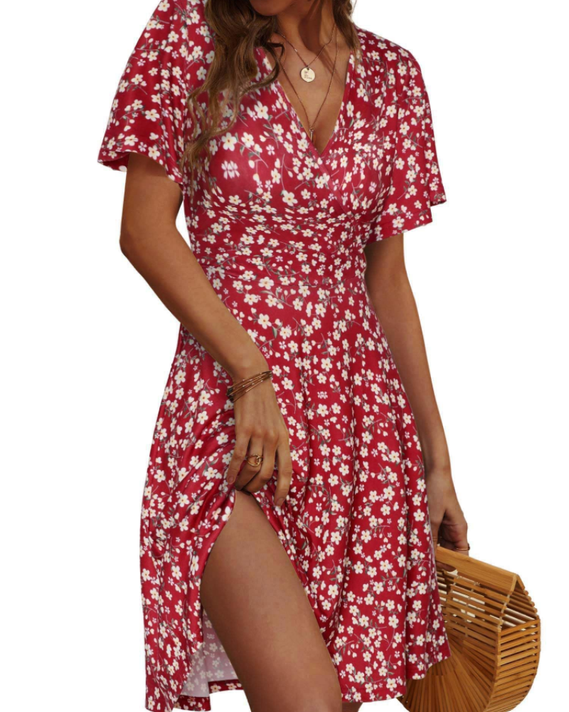 Vestido Marissa para mujer – Vestido midi floral con escote en V y mangas con volantes