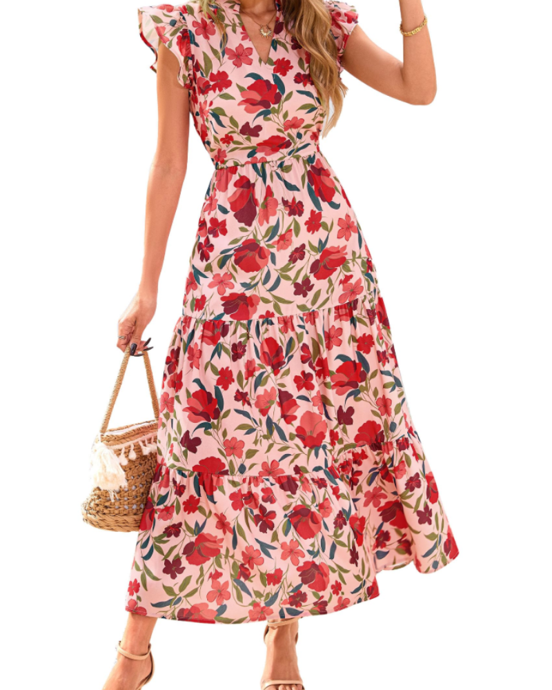 Olivia Robe Femme Midi Fleurie – Col V Bohème à Volants avec Poches