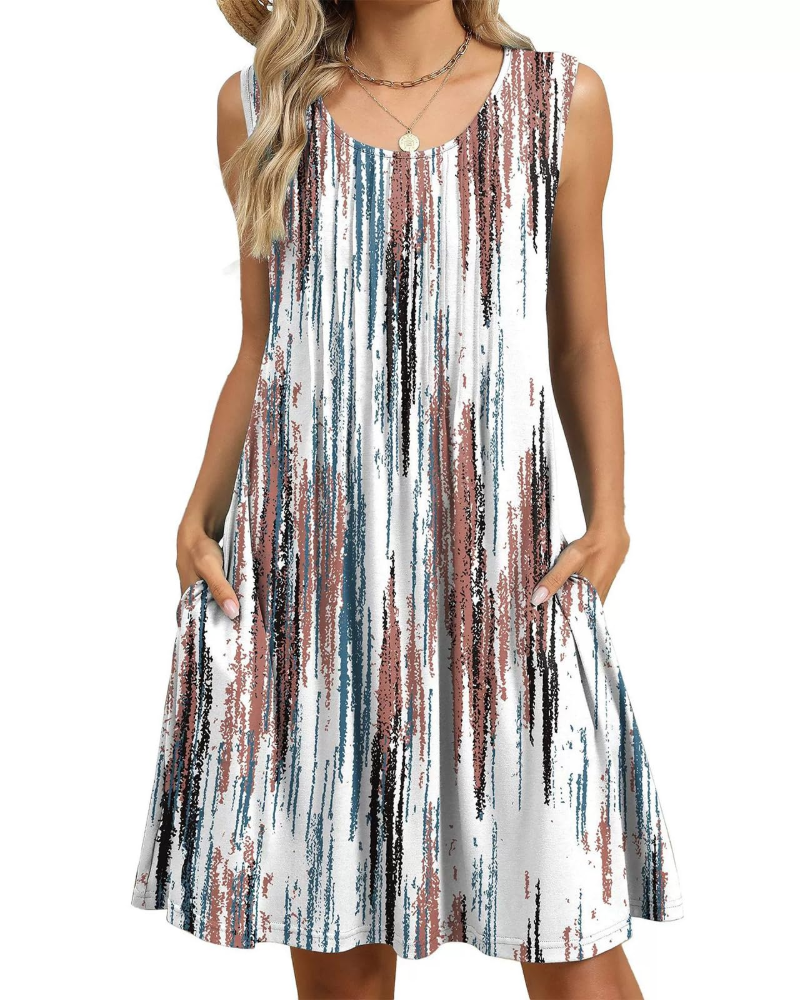 Penelope Robe Fleurie Midi Femme – Robe d'Été Sans Manches Coupe Évasée avec Poches