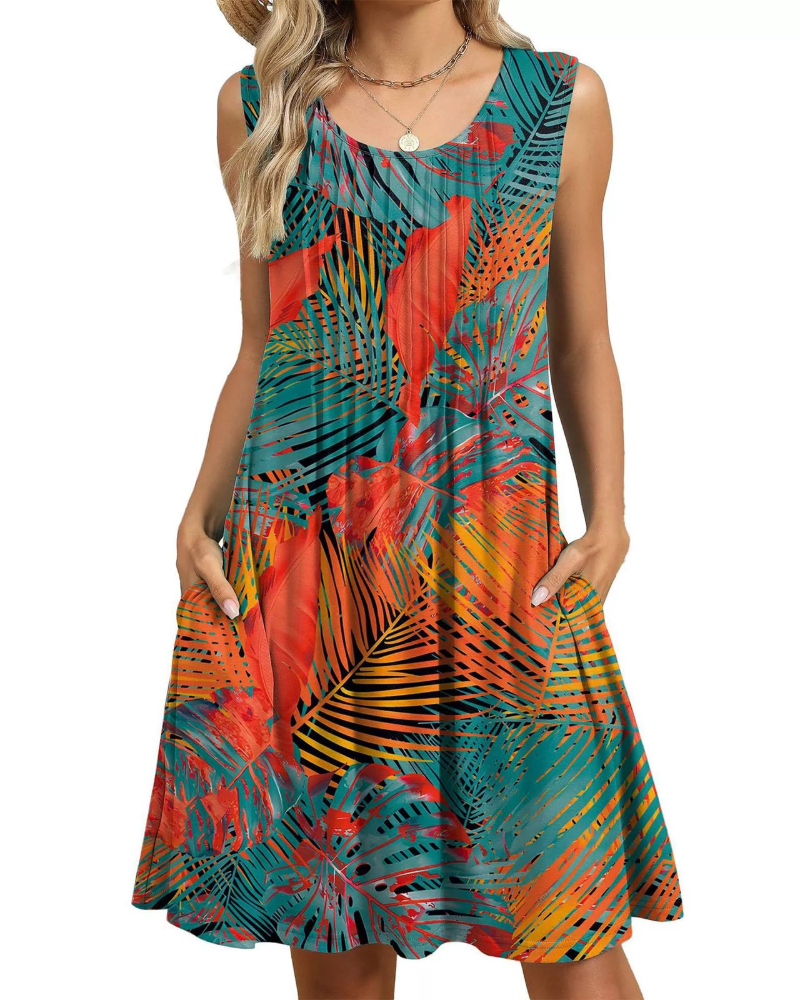 Penelope Robe Fleurie Midi Femme – Robe d'Été Sans Manches Coupe Évasée avec Poches