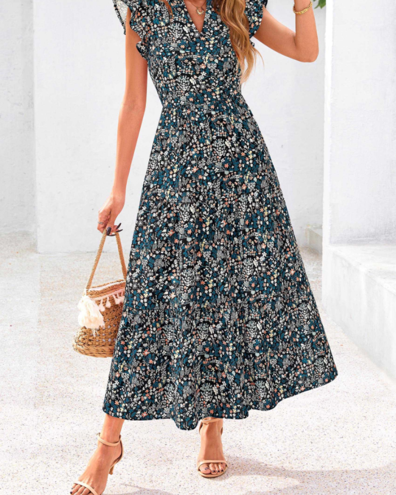 Olivia Robe Femme Midi Fleurie – Col V Bohème à Volants avec Poches